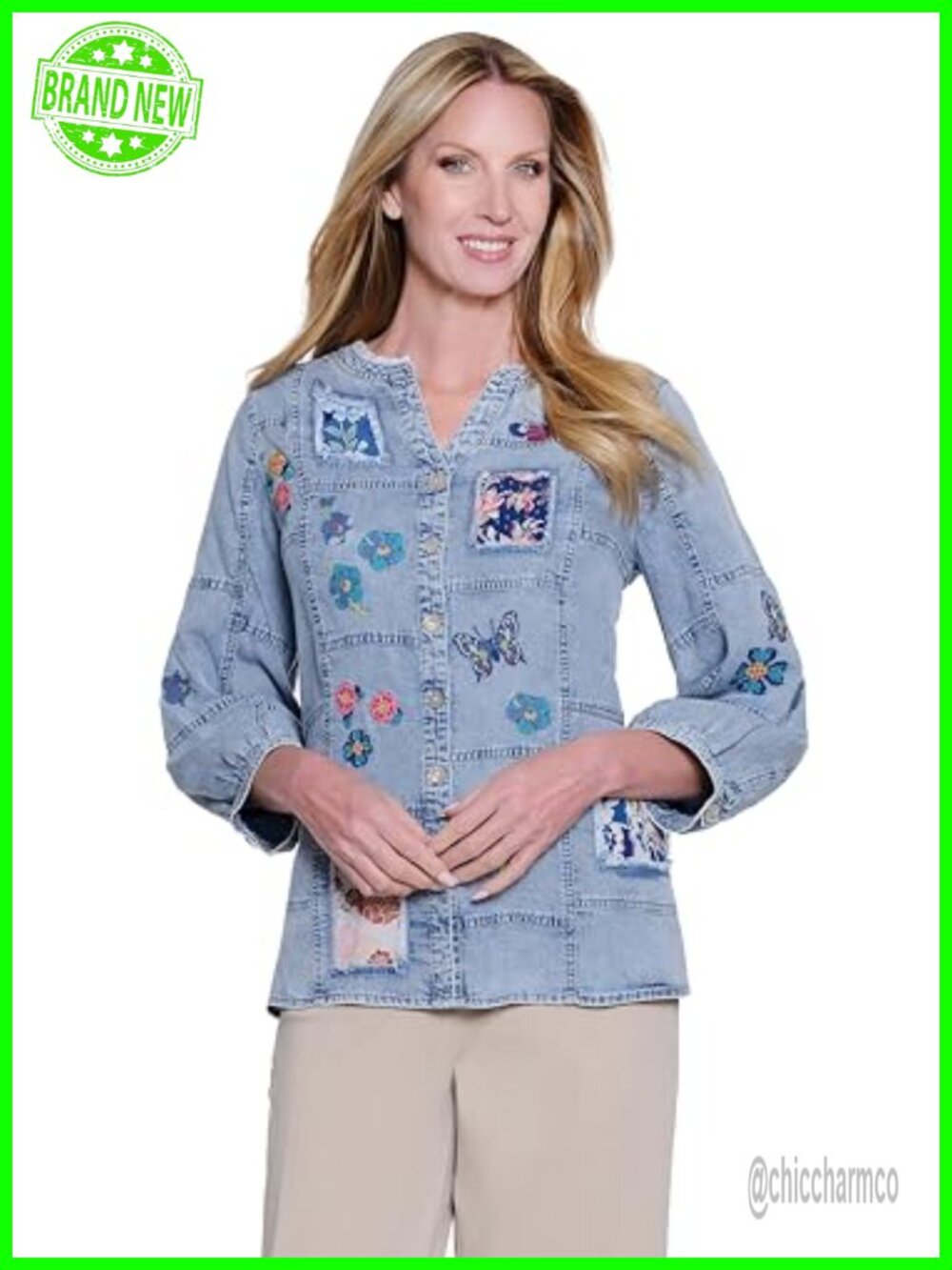 Woven Patchwork Embroidery Button Front Blouse 3/4 Sleeve Split Neck